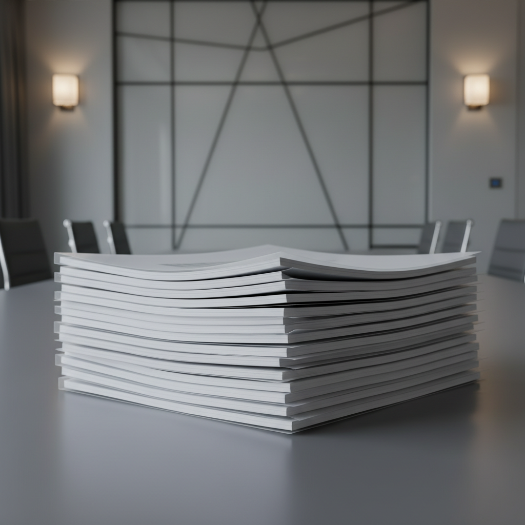 A stack of carefully aligned business reports bound in translucent plastic covers with crisp white paper, placed neatly atop a smooth ash-grey conference table. The environment is minimal, with a blurred backdrop suggesting the calm geometry of an upscale meeting room—matte glass partition, subtle wall sconces, and brushed steel chairs. Cool daylight filters in indirectly from an unseen source, lending balanced lighting that produces faint, clean shadows beneath the documents. The shot uses a slightly elevated angle with a sharp, documentary focus to emphasize order and professionalism in a structured composition, conveying an organized and neutral tone.