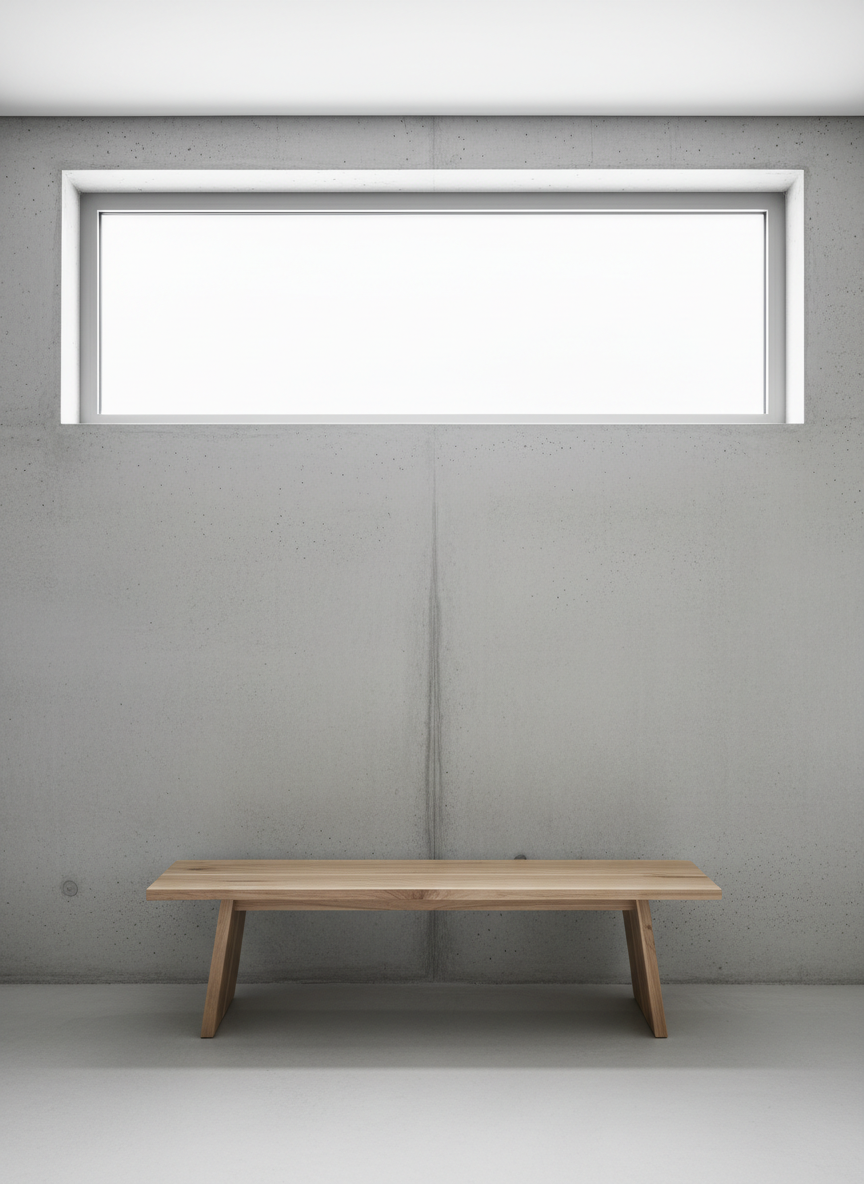 A finely crafted, minimalist wooden bench with sharp, clean lines and a smooth matte finish, sitting alone against a sprawling wall of light grey concrete. The bench is centered under a large frosted glass window, which diffuses gentle natural daylight evenly across the scene, creating very soft shadows and subtle highlights along the wood grain. The space is spare and immaculate, projecting a calm, professional atmosphere. Captured at an eye-level perspective with balanced, symmetrical composition, and a sharp focus throughout. The overall feel is one of quiet sophistication and understated elegance, supporting a clean, corporate photographic style.