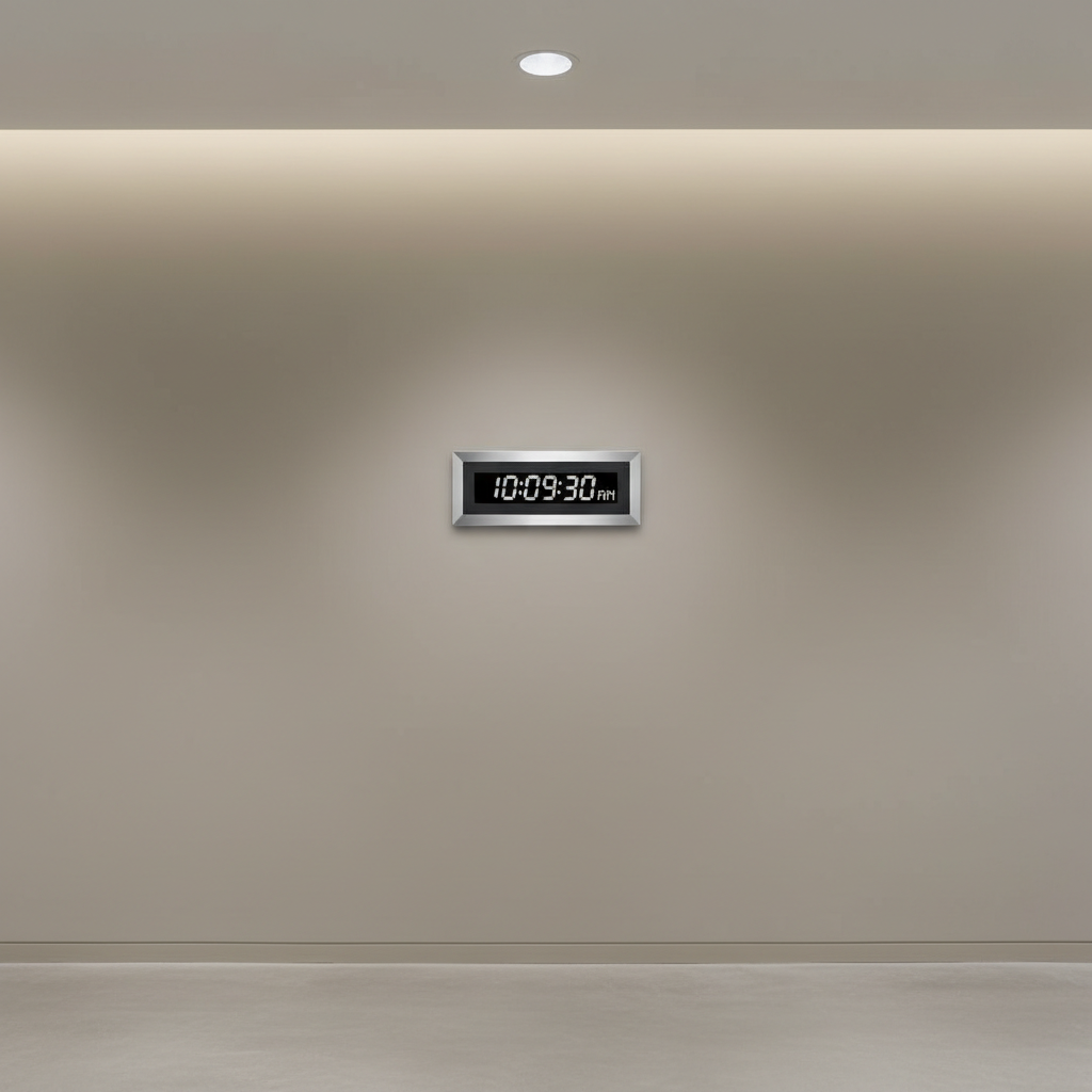 A sleek, silver-framed digital wall clock displaying an accurate, sharp black digital readout, mounted on a uniform light taupe wall in an executive corridor. The area around the clock is intentionally empty, emphasizing negative space and clean architectural lines. Delicate ambient lighting from hidden fixtures creates even illumination, avoiding glare and maintaining a neutral, businesslike effect. Photographed straight-on with centered, symmetrical framing and strong clarity, the image projects punctuality and precision—resonating with the corporate, photographic realism central to the gallery’s style.