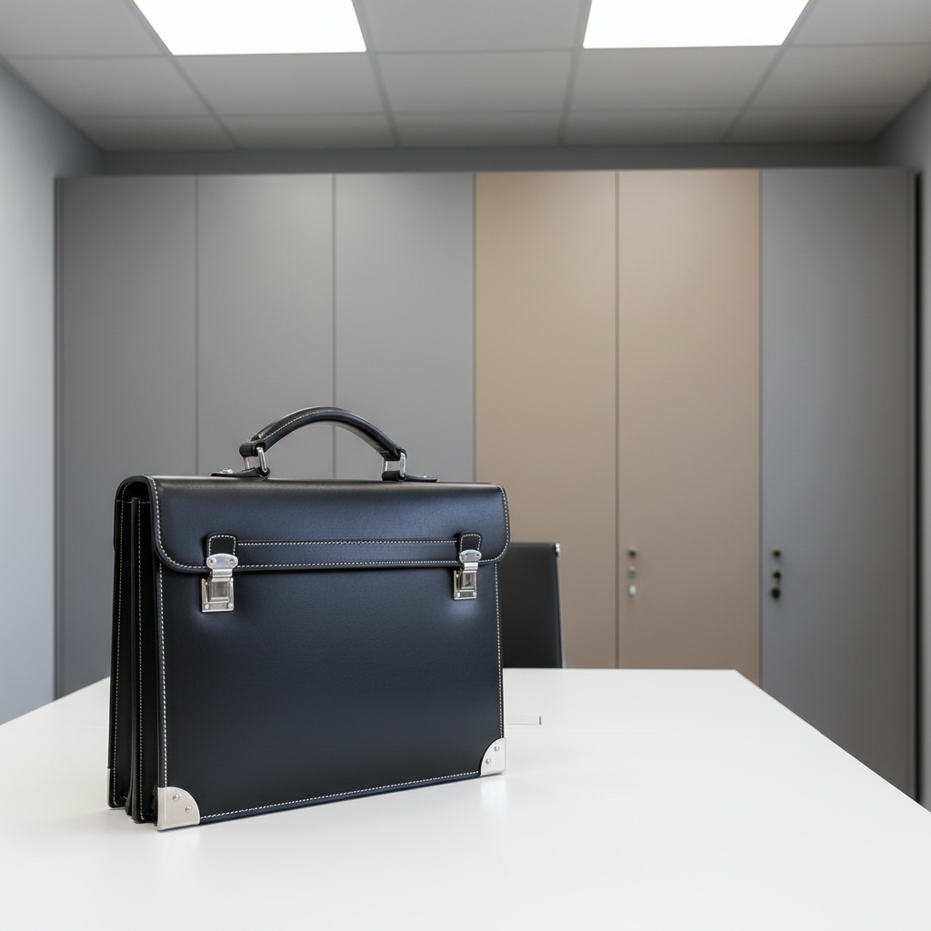 An elegantly designed black leather briefcase with precise white stitching and subtle silver hardware details, set on a pristine, uncluttered white desk in a modern office. The background reveals seamless cabinetry and a muted palette of grey and taupe. Overhead LED panel lights cast a uniform, cool glow, minimizing shadows and accentuating the textures and lustre of the leather. The composition follows the rule of thirds, with the briefcase angled slightly to showcase its structure and craftsmanship. The look is polished and professional, perfectly suited for a photographic gallery with a corporate flair.